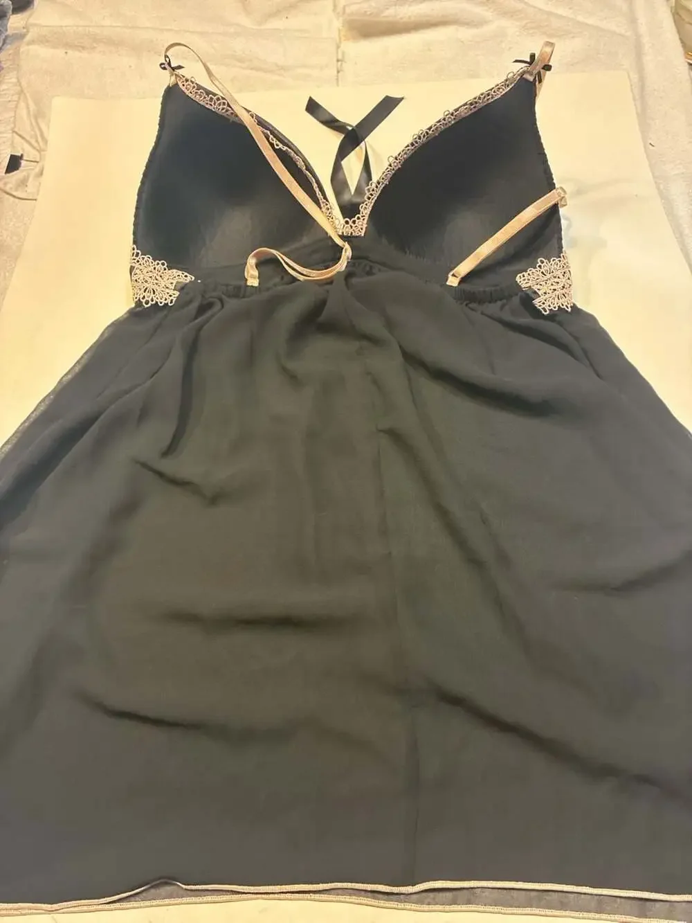 Linea Donatella Black Babydoll Chemise Nightie with Lace and Bow